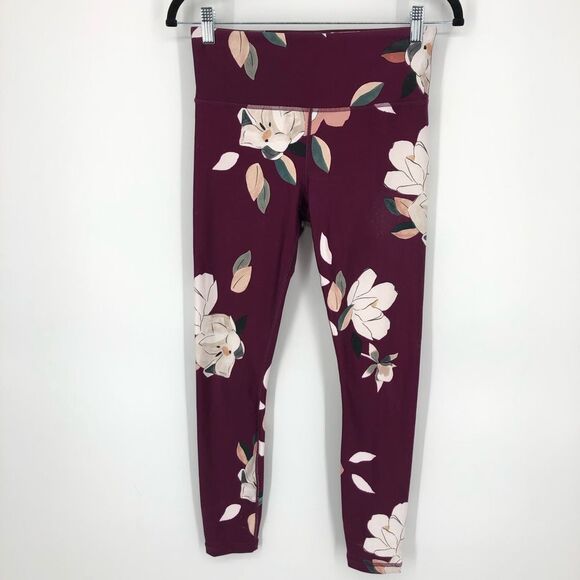 Athleta Floral Elation 7/8 Tight Athletic Leggings Womens Small Wine Purple Red - Picture 2 of 16